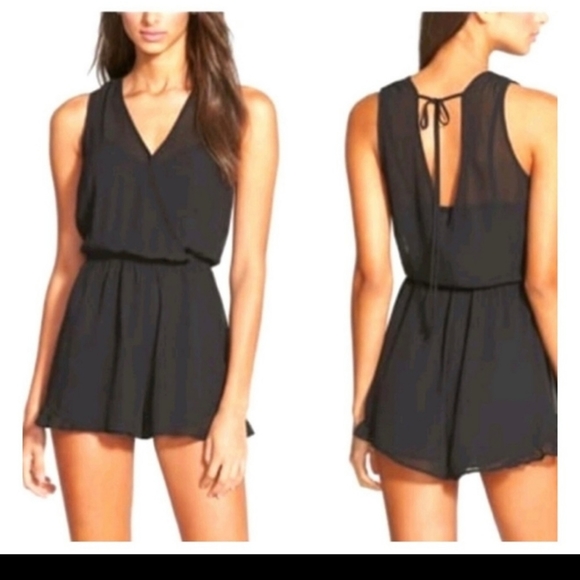 ASTR The Label - Black Sheer Overlay V-Neck Sleeveless Ruffle Embellished Romper - Picture 2 of 16